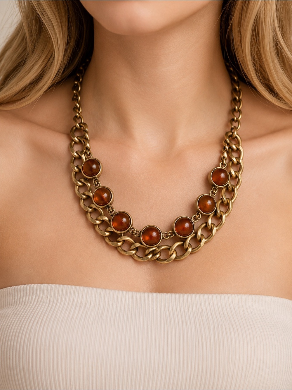 Vintage Chunky Chain Gold Tone Statement Necklace Amber Cabochon